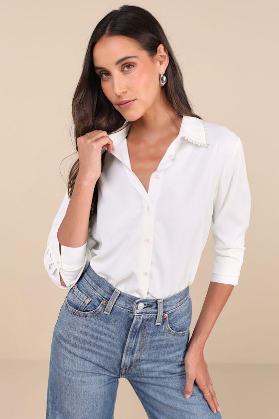 Upscale Composure White Long Sleeve Pearl Trim Button-Up Top Product Image