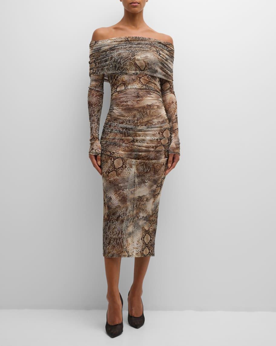 Snakeskin-Print Mesh Off-The-Shoulder Midi Dress product image