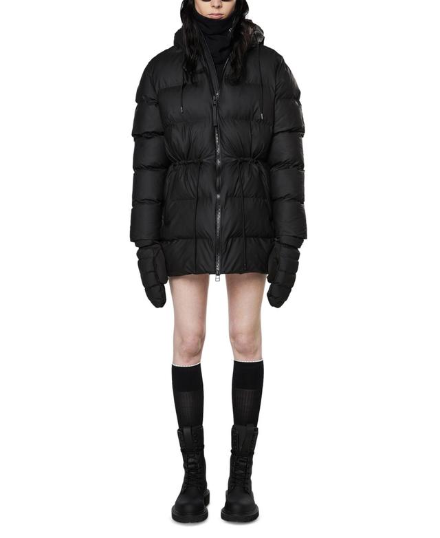 Rains Womens Hooded Drawstring-Waist Puffer Coat Product Image