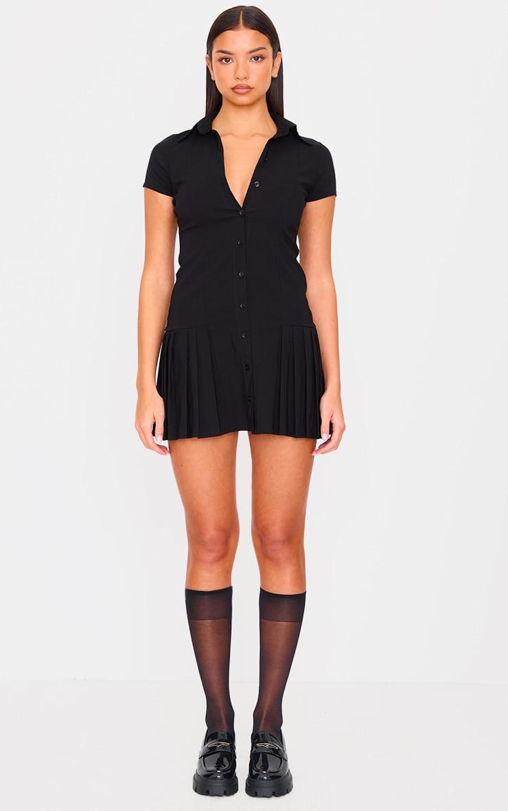 Black Button Down Cap Sleeve Pleated Hem Shift Dress Product Image