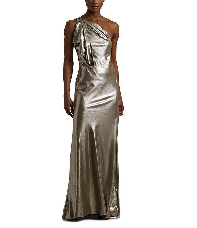 Lauren Ralph Lauren Metallic Chiffon One Shoulder Sleeveless Gown Product Image