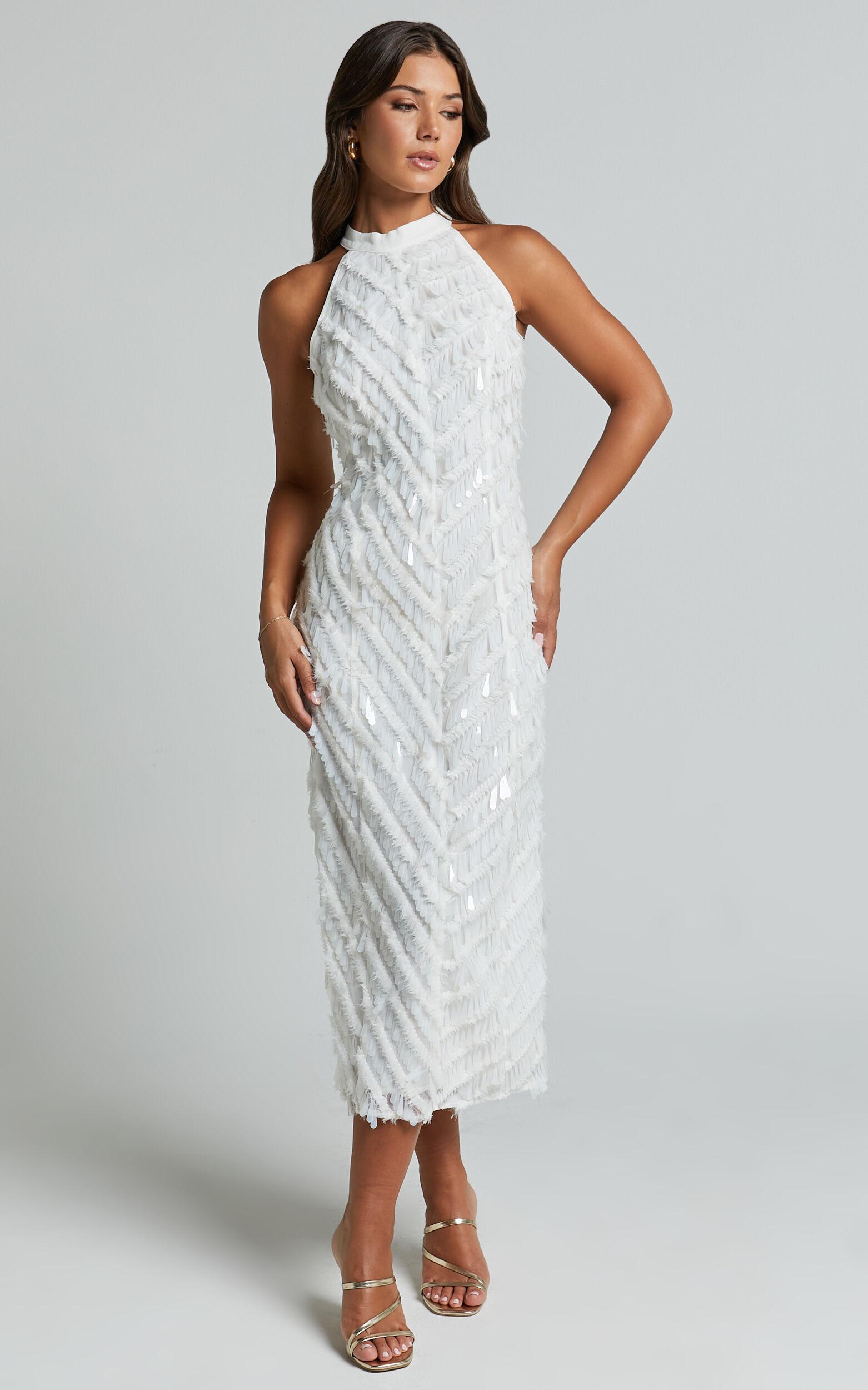 Maldivia Midi Dress - High Neck Sequin Dress in Off White Product Image