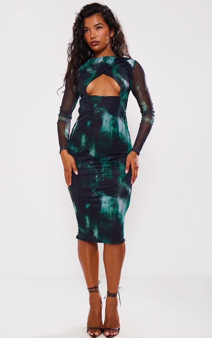 Khaki Print Mesh Wrap Cut Out midi Dress Product Image