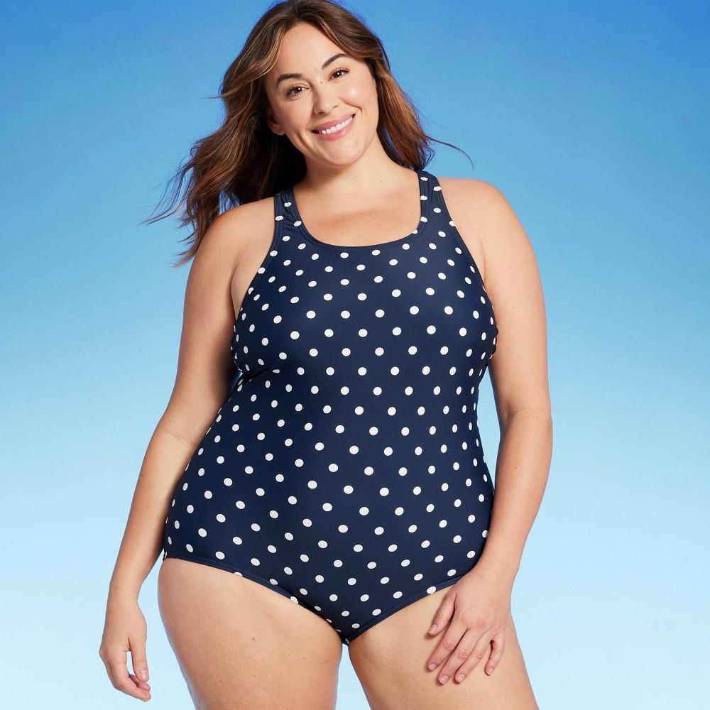 Lands End Womens UPF 50 Full Coverage Polka Dot High Neck Tugless One Piece Swimsuit - Navy Blue 2X Product Image