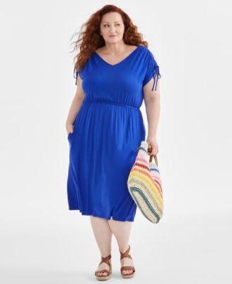 Plus Size V-Neck Shirred-Sleeve Dress, Created for Macy's  Product Image