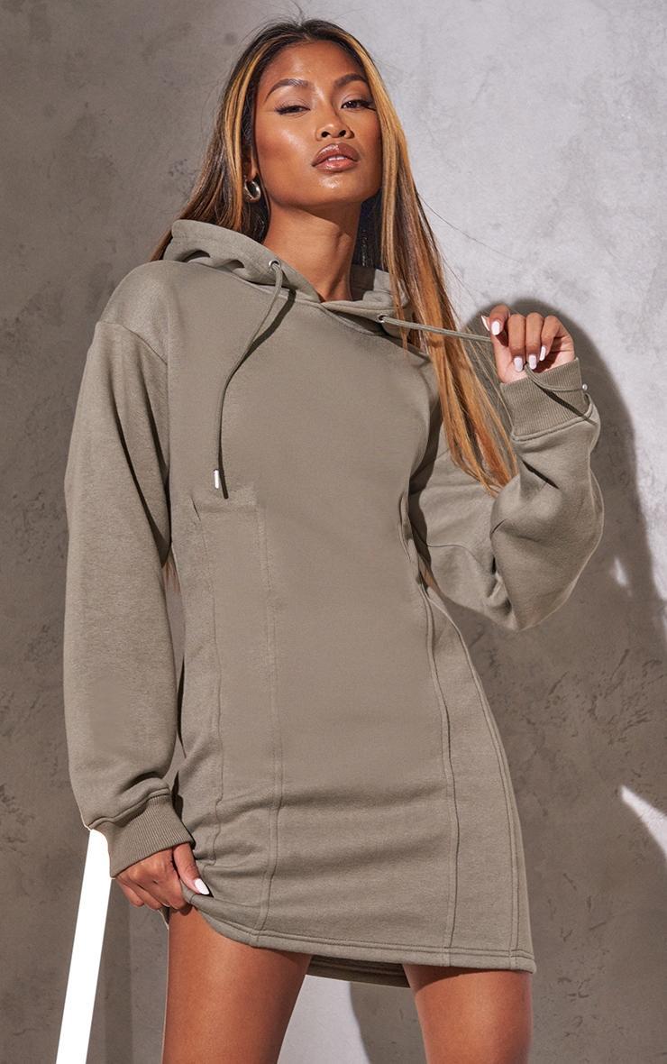 Light Khaki Pleated Hoodie Sweatshirt Dress Product Image