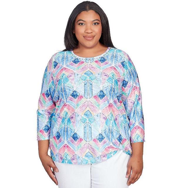 Alfred Dunner Plus Size Classic Denim Stained Glass Grommet Hem Top Product Image