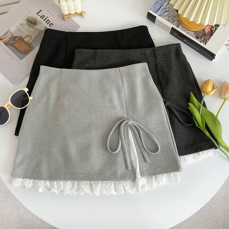 High Waist Lace Trim Bow Accent Mini A-Line Skirt Product Image