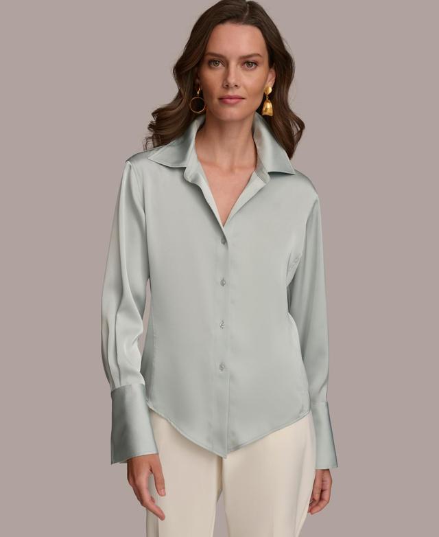 Women's Long-Sleeve Satin Button Down Blouse Product Image