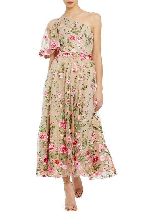 Womens Floral Embroidered One-Shoulder Midi-Dress Product Image