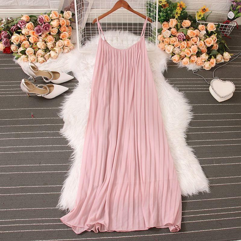 Spaghetti Strap Plain Accordion Pleated Maxi A-Line Dress Product Image