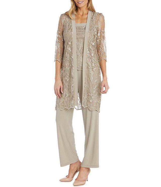 R & M Richards 3/4 Sleeve Round Neck Embellished Sequin Lace 3-Piece Pant Set Product Image