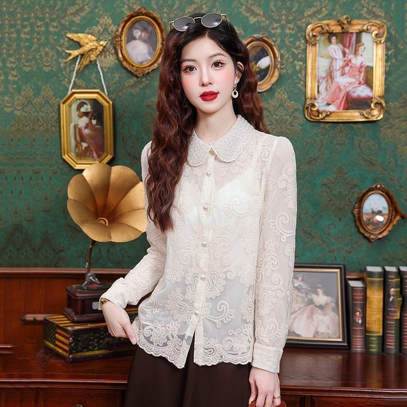 Long Sleeve Collared Paisley Embroidered Faux Pearl Button Blouse Product Image