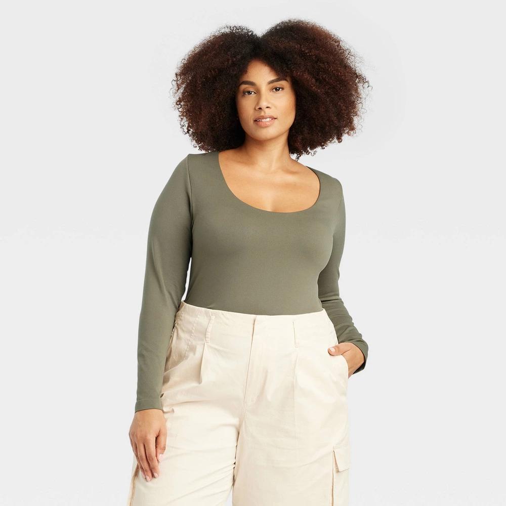 Womens Slim Fit Long Sleeve Scoop Neck Seamless T-Shirt - A New Day Olive 2X Product Image