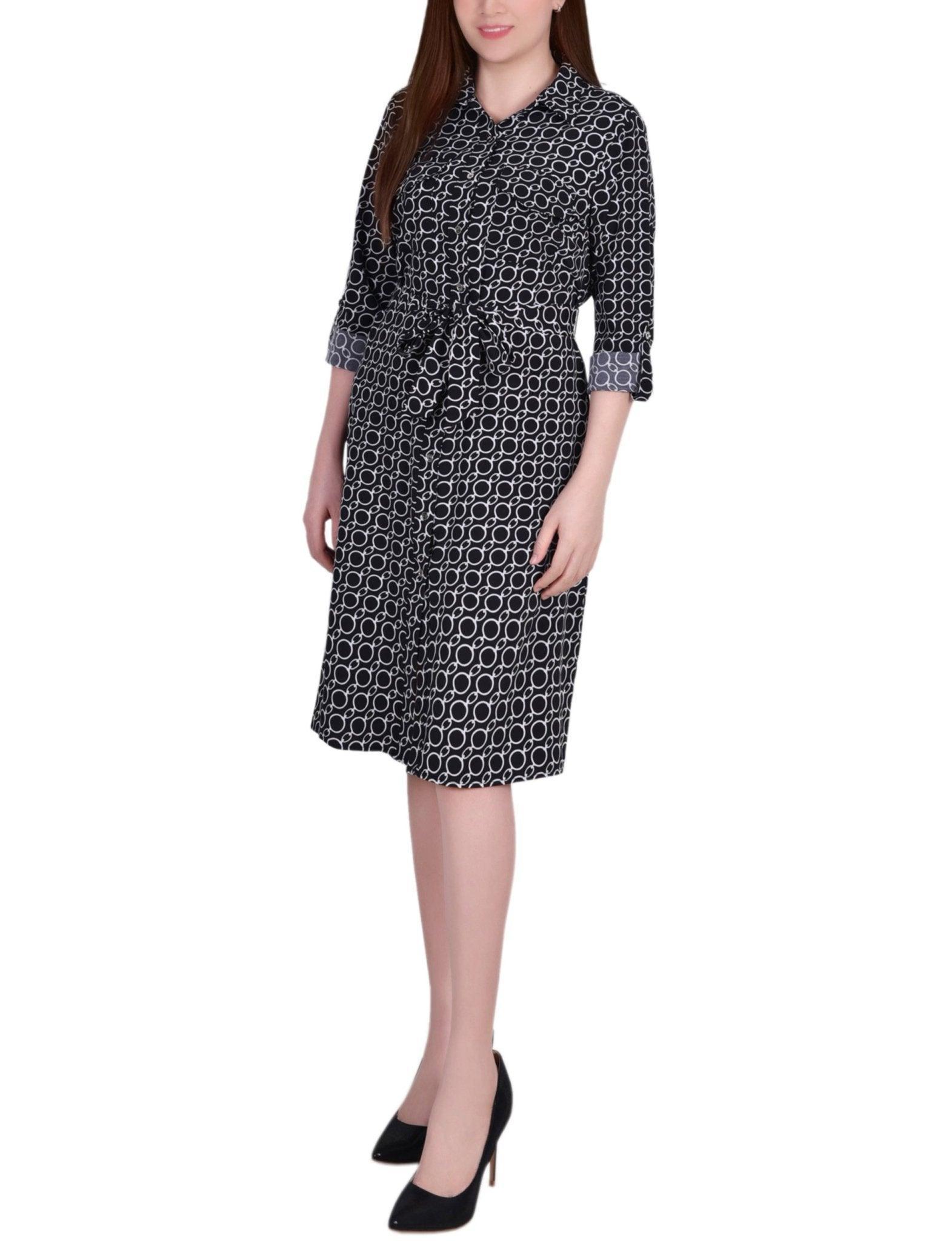 3/4 Length Roll Tab Sleeve Belted Shirtdress - Petite Product Image