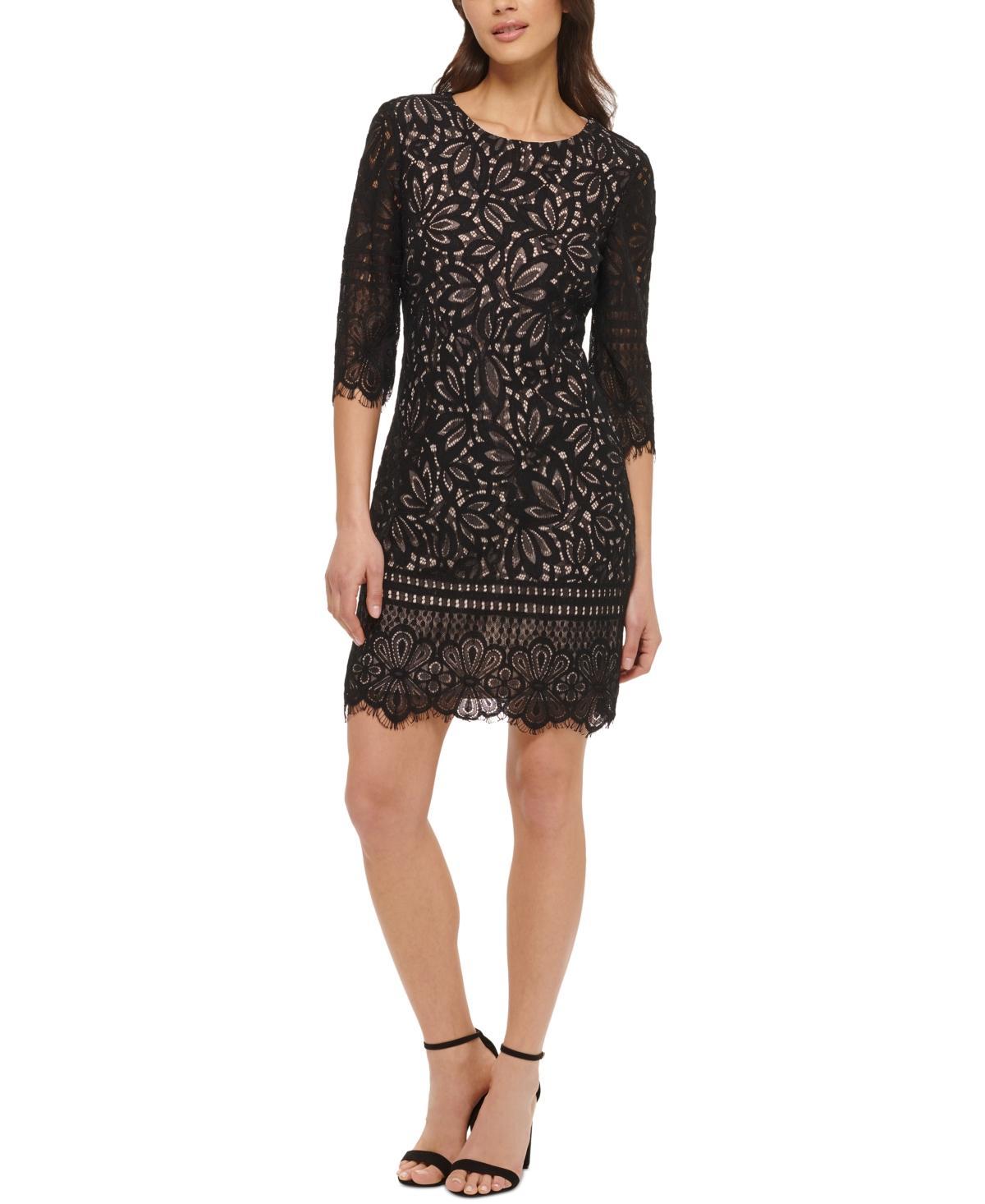 Kensie 34 Illusion Sleeve Contrasting Corded Floral Lace Scalloped Hem Sheath Dress Product Image