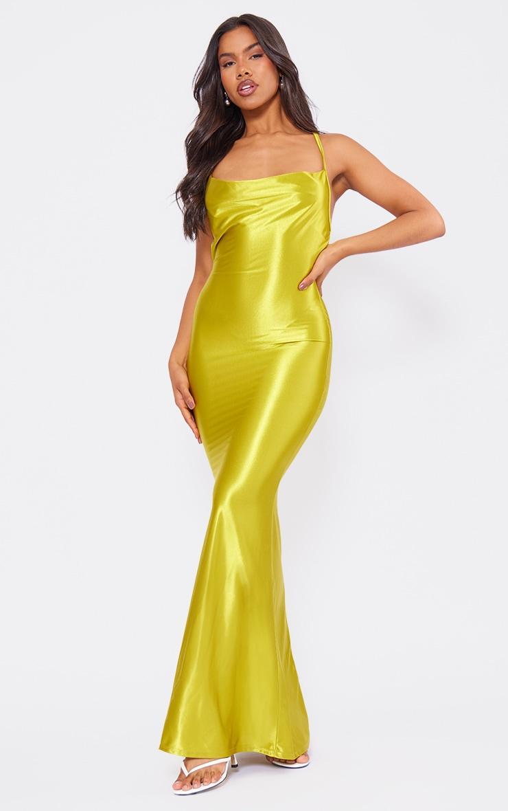 Chartreuse Stretch Satin Cowl Neck Low Back Maxi Dress Product Image