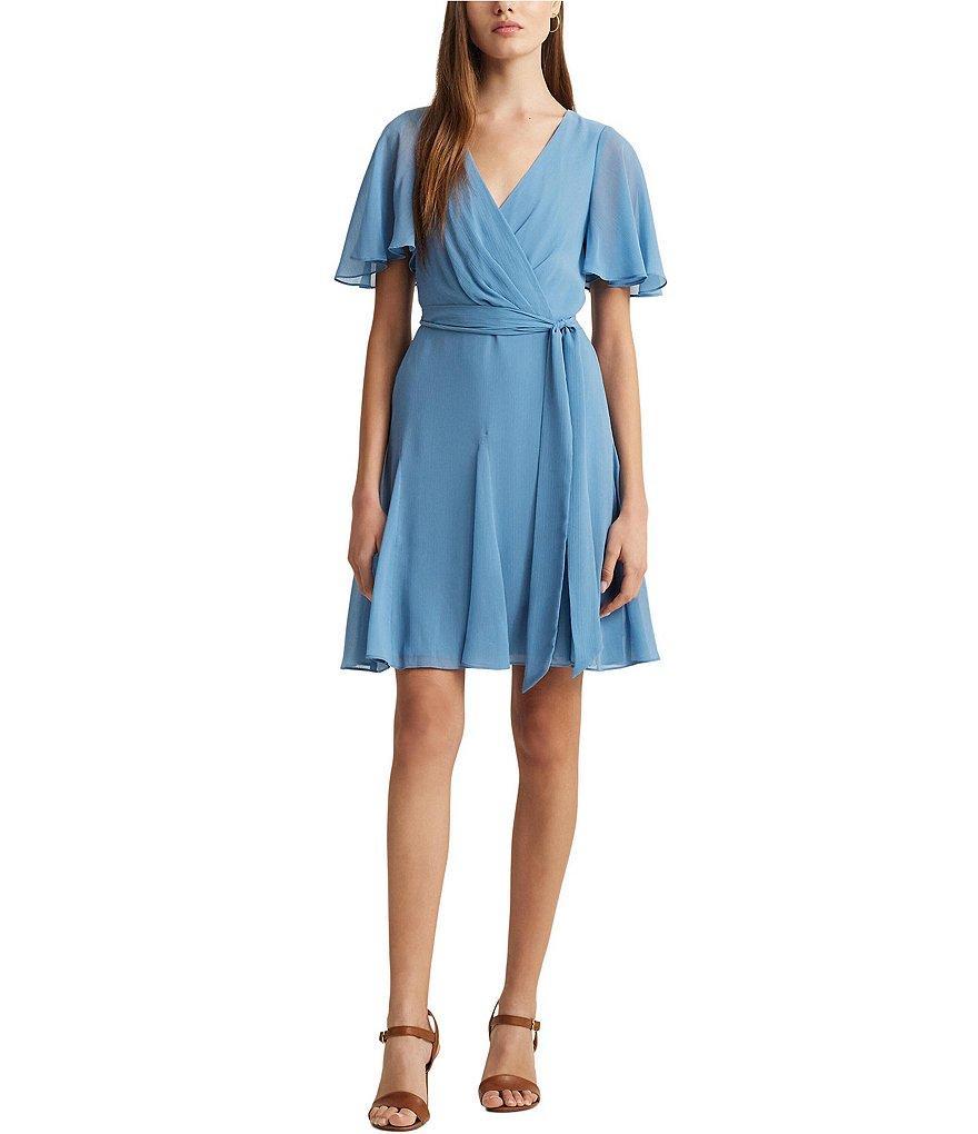 Lauren Ralph Lauren Crinkle Georgette Surplice Neck Flutter Sleeve Tie Waist Dress Product Image