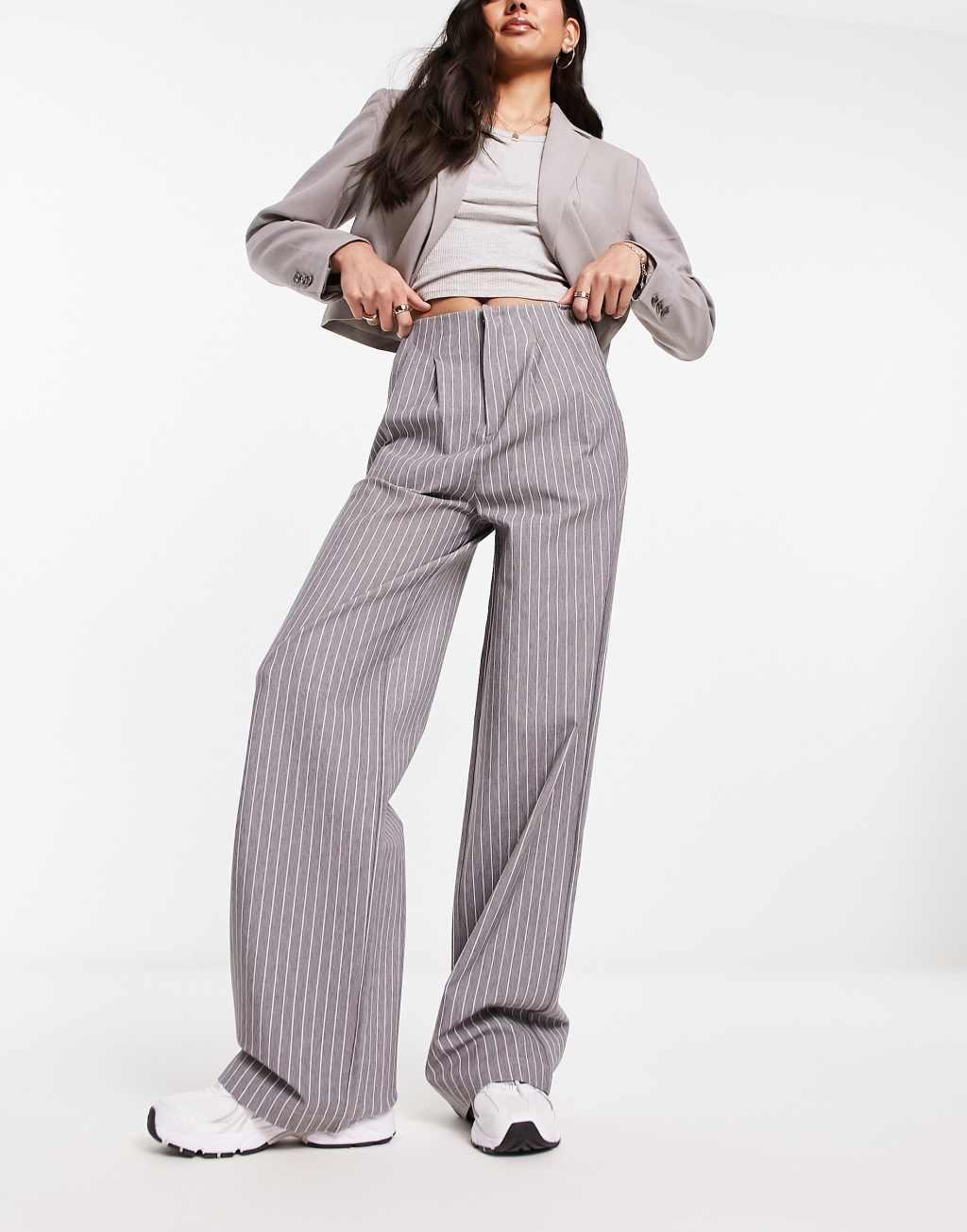 ASOS DESIGN premium stretch tailored pants in gray pinstripe Product Image