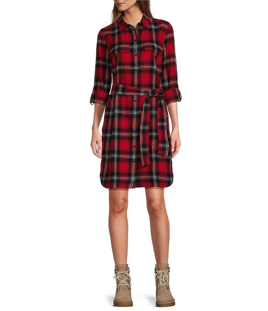 L.L.Bean Signature Camp Flannel Roll-Tab Long Sleeve Herringbone Shirt Dress Product Image