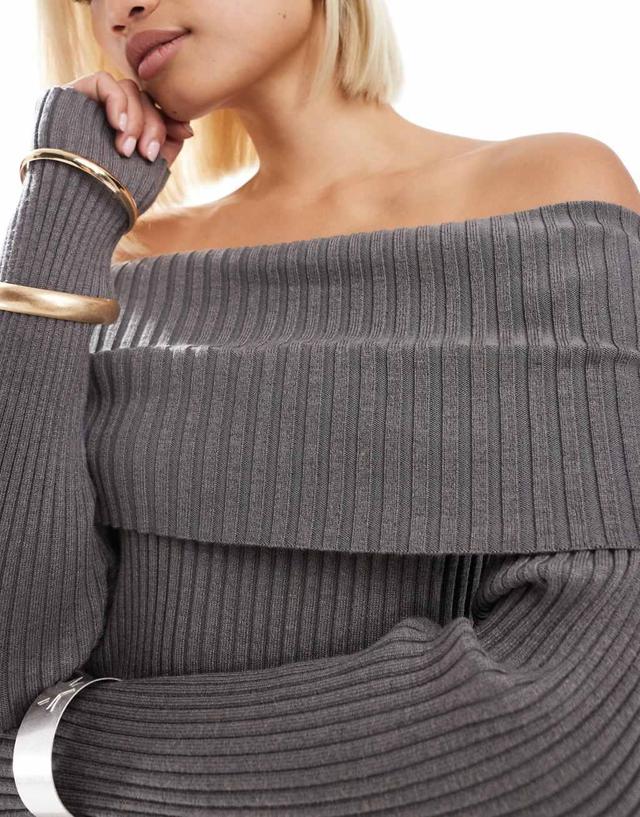 Glamorous off shoulder rib knit sweater in charcoal - part of a set Product Image