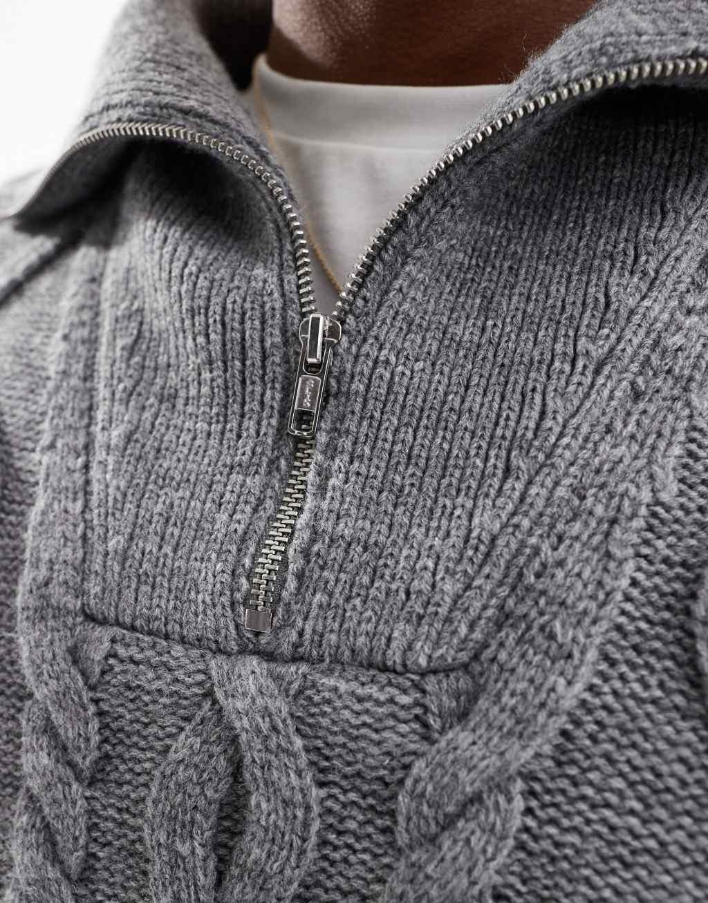 ASOS DESIGN oversized heavyweight knitted wool mix cable quarter zip sweater in gray Product Image