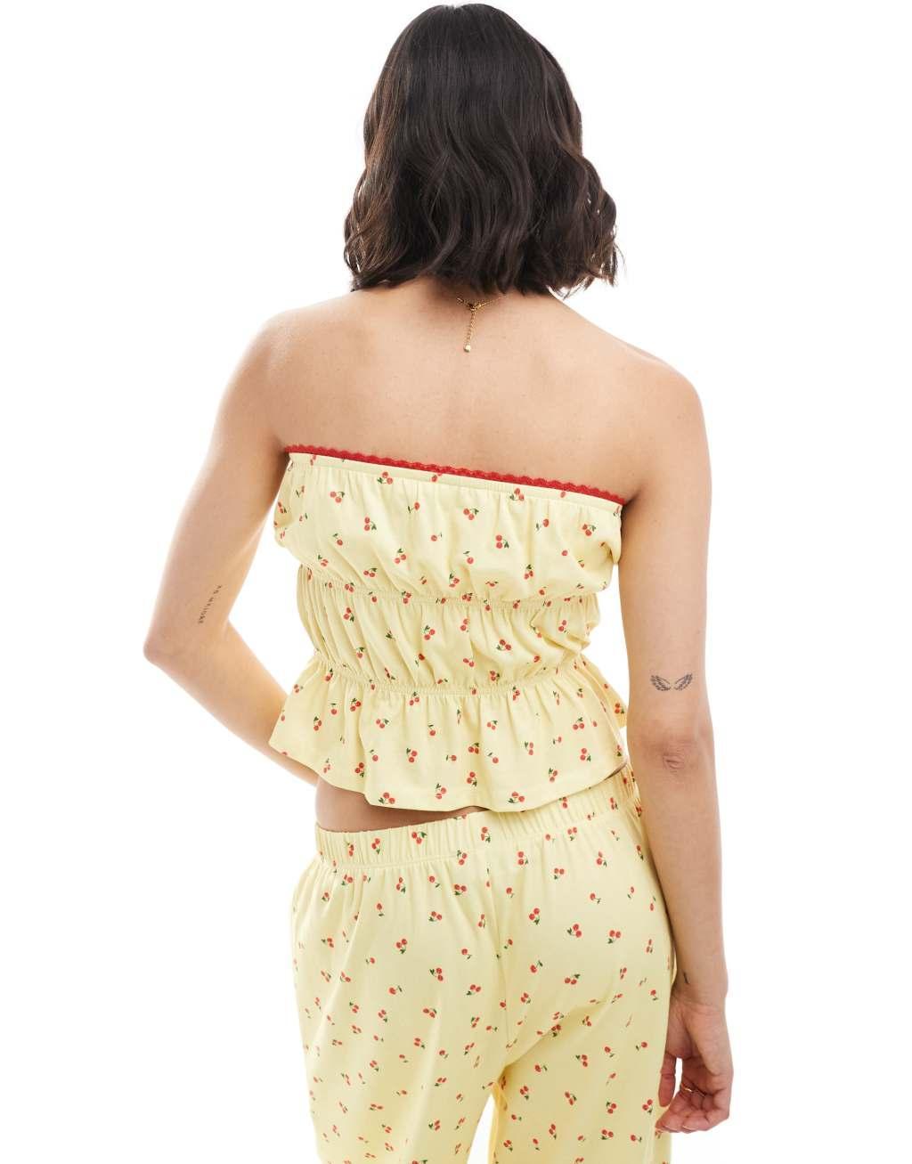 ASOS DESIGN ruched bandeau in buttermilk cherry print - part of a set Product Image