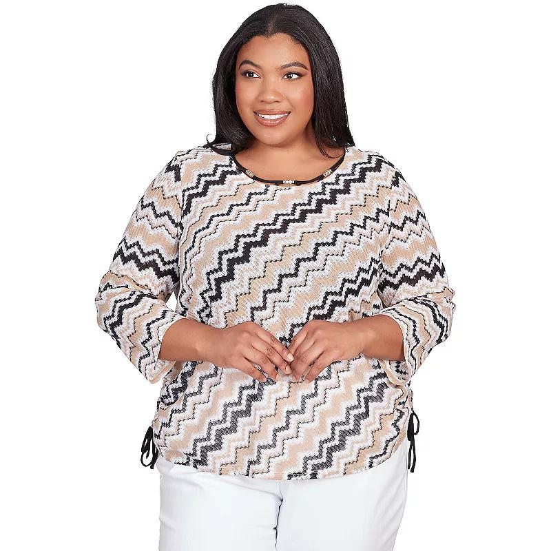 Plus Size Alfred Dunner Shimmering Chevron 3/4 Sleeve Top, Womens Med Beige Product Image