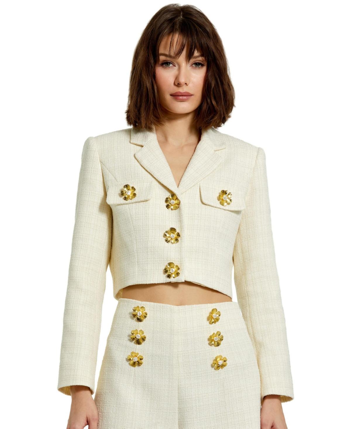 Womens Tweed Floral-Button Crop Blazer Product Image