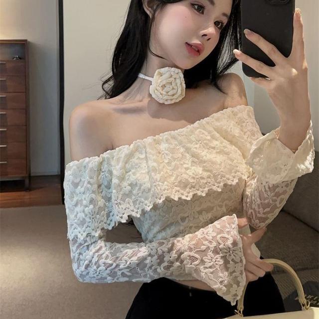 Long Sleeve Off Shoulder Plain Lace Crop Top Product Image