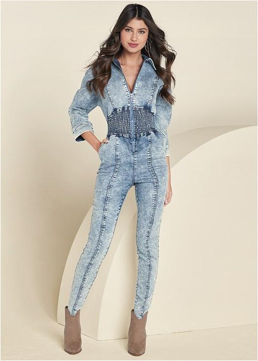 Acid Wash Smocked Jumpsuit Product Image