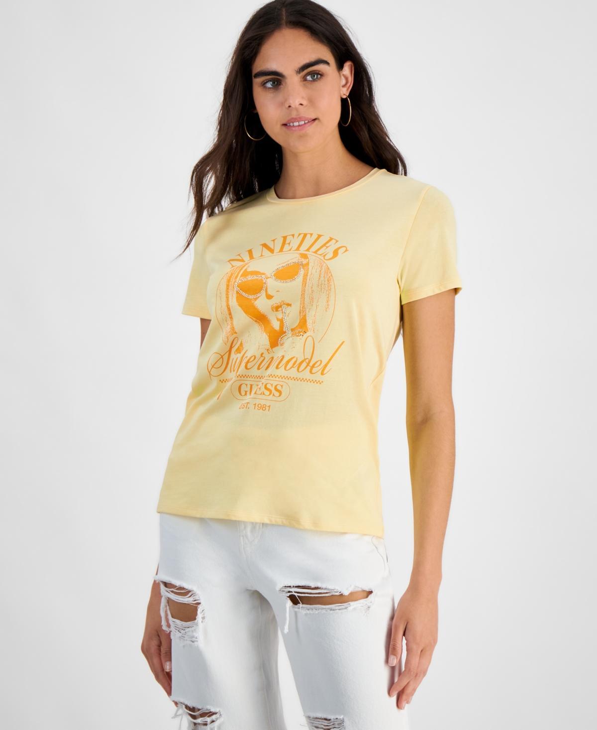 Guess Womens Embellished Graphic Print Cotton T-Shirt Product Image