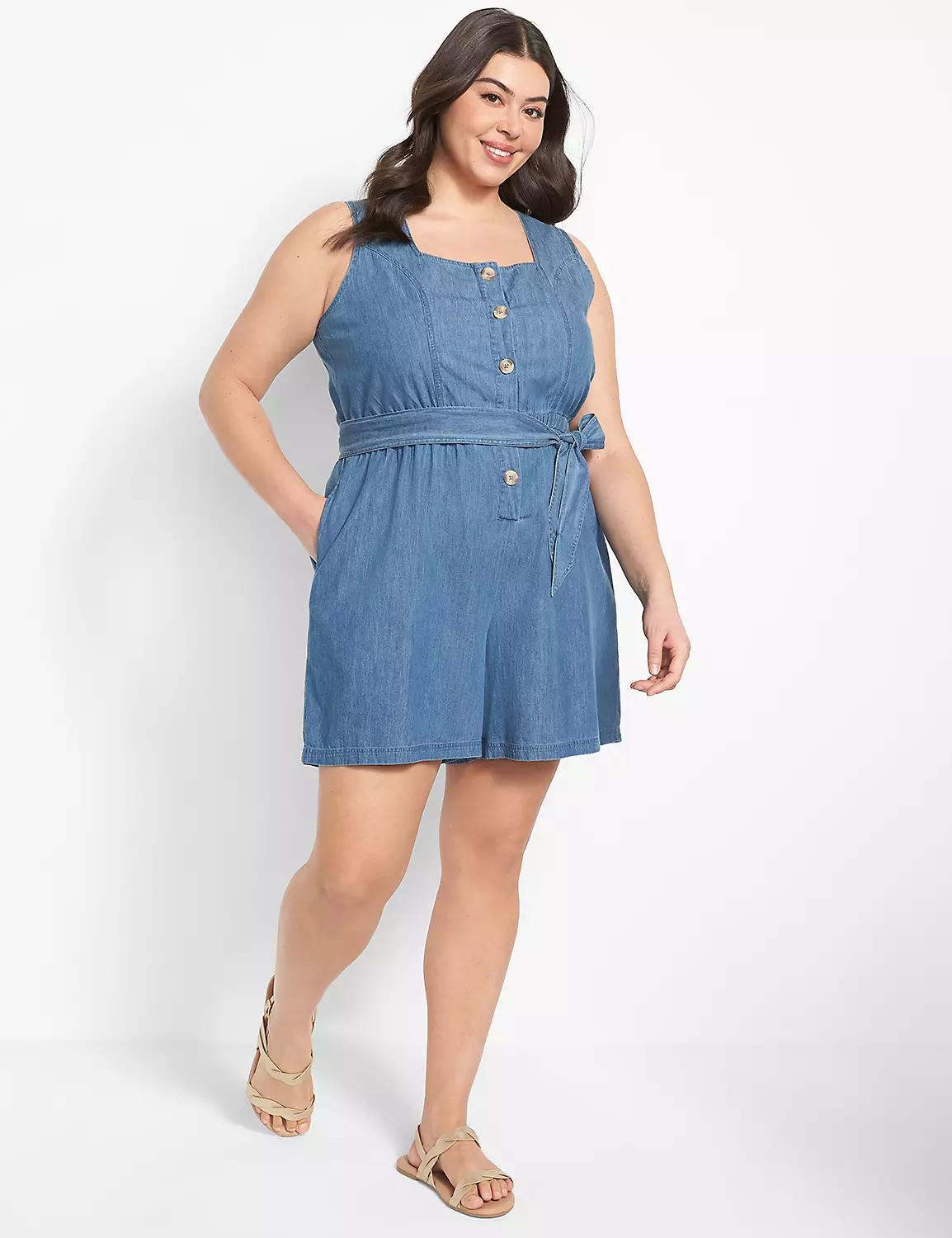 Sleeveless Square-Neck Button-Down Romper Product Image