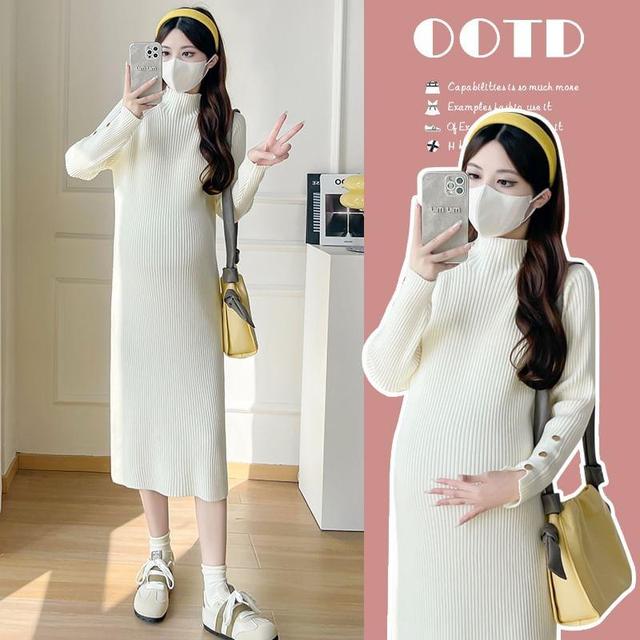 Maternity Long Sleeve Turtleneck Plain Bodycon Midi Dress Product Image