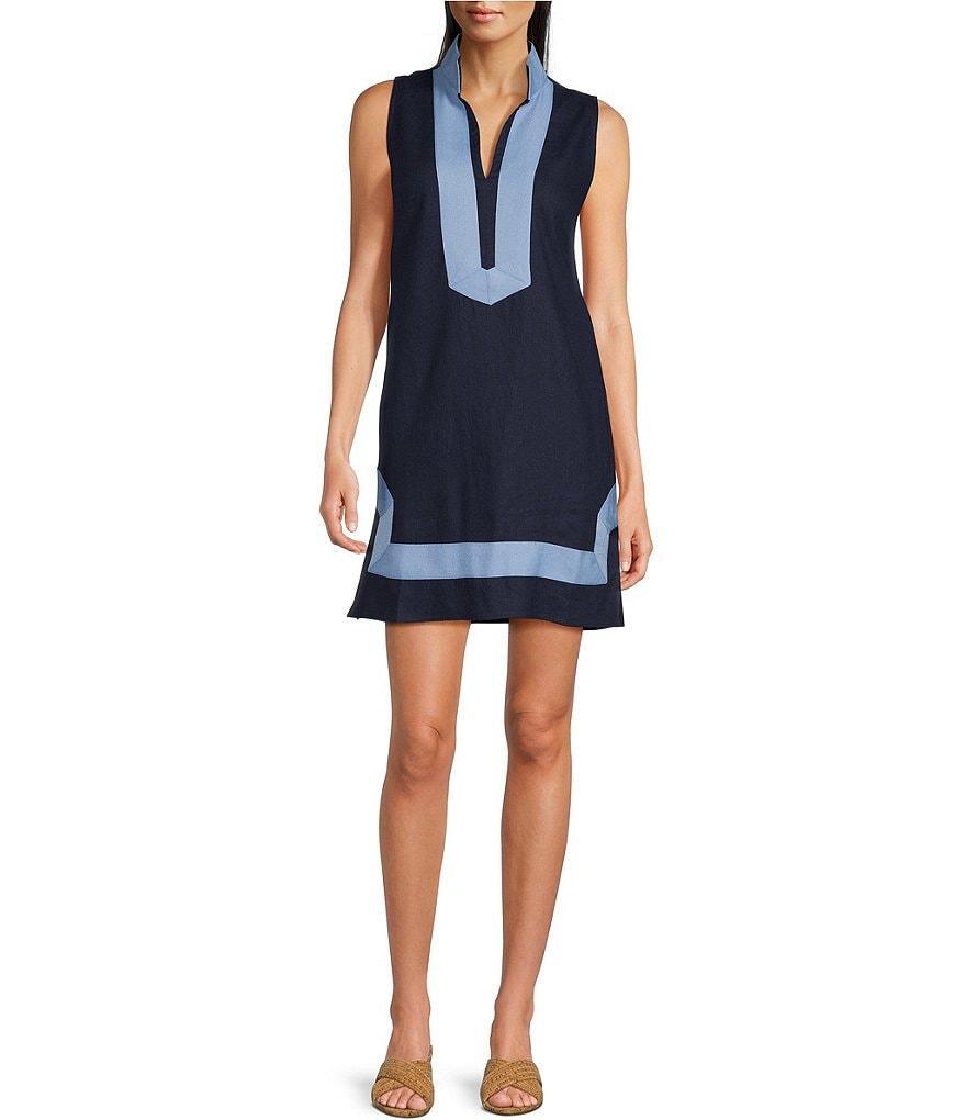 SAIL to SABLE Woven Band Collar Split V-Neck Sleeveless Contrast Trim Shift Dress Product Image