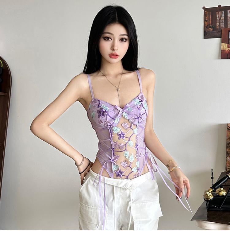 Flower Embroidered Lace-Up Mesh Panel Bodysuit Top Product Image