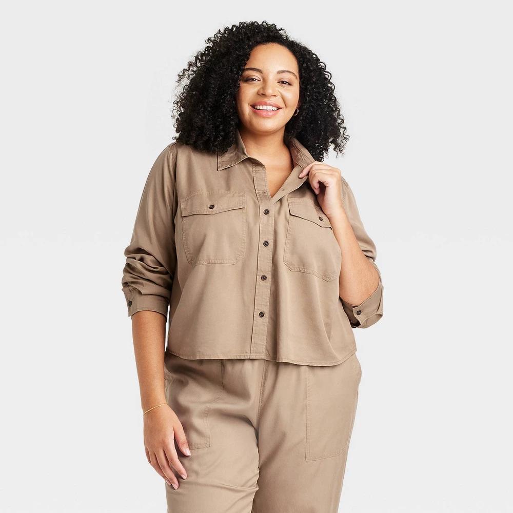 Womens Utility Long Sleeve Collared Button-Down Shirt - Universal Thread Tan 2X Product Image