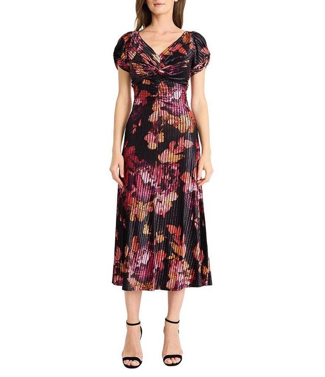 Maggy London Floral Ribbed Velvet V-Neckline Short Sleeve Midi Dress Product Image