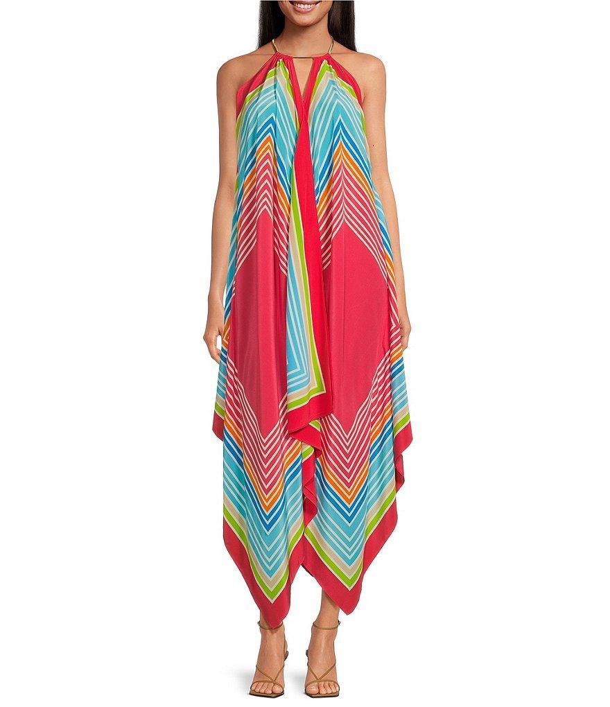 Trina Turk Justinian Silk Abstract Print Halter Neck Sleeveless Handkerchief Hem Dress Product Image