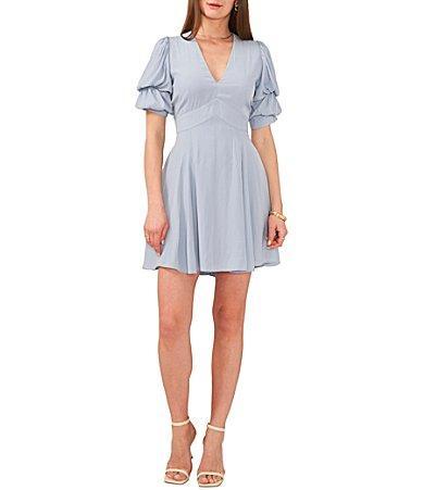 1. STATE Short Puffed Sleeve V-Neck Suede Satin Mini Dress Product Image