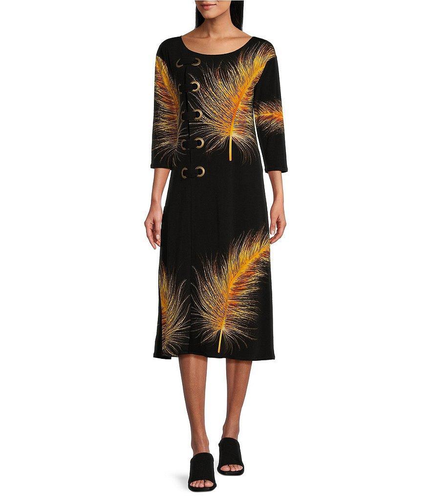 Eva Varro Exotic Feather Print Knit Jersey Boat Neck 3/4 Sleeve Grommet Trim A-Line Midi Dress product image