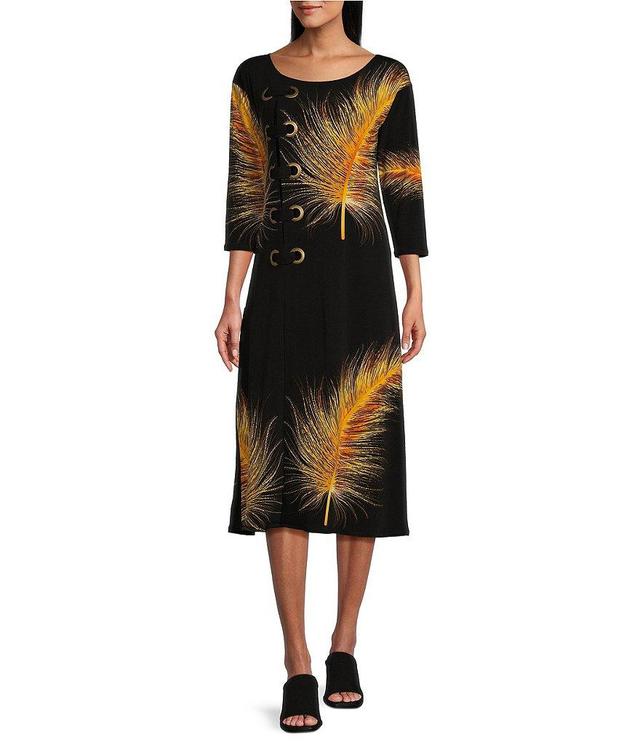 Eva Varro Exotic Feather Print Knit Jersey Boat Neck 3/4 Sleeve Grommet Trim A-Line Midi Dress Product Image