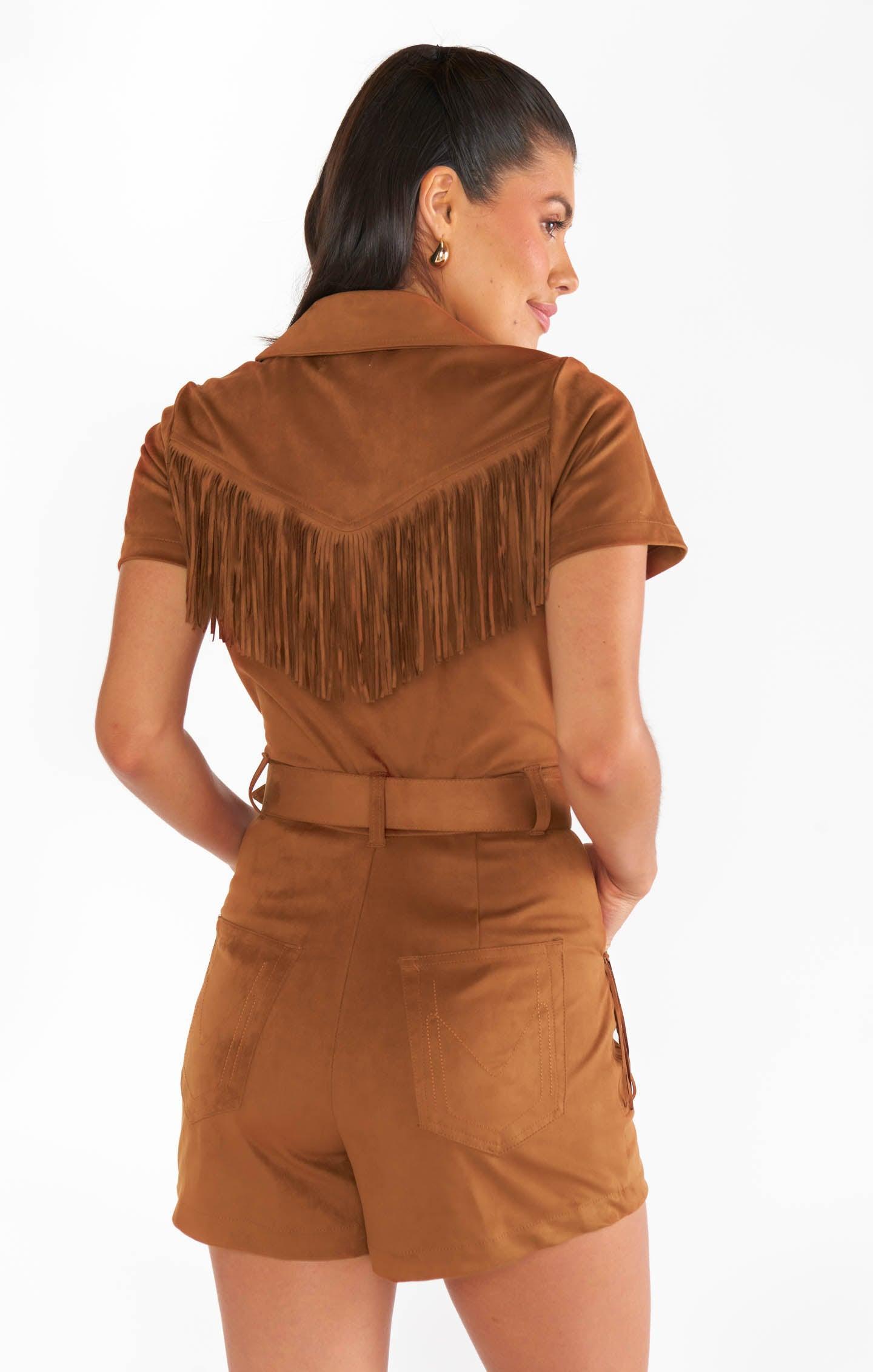 Outlaw Romper ~ Cognac Fringe Faux Suede Product Image