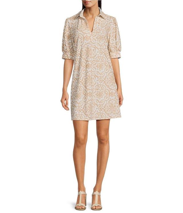 Jude Connally Emerson Painted Tile Sand Print Jude Cloth Knit Point Collar Puffed Sleeve Shift Dress Product Image