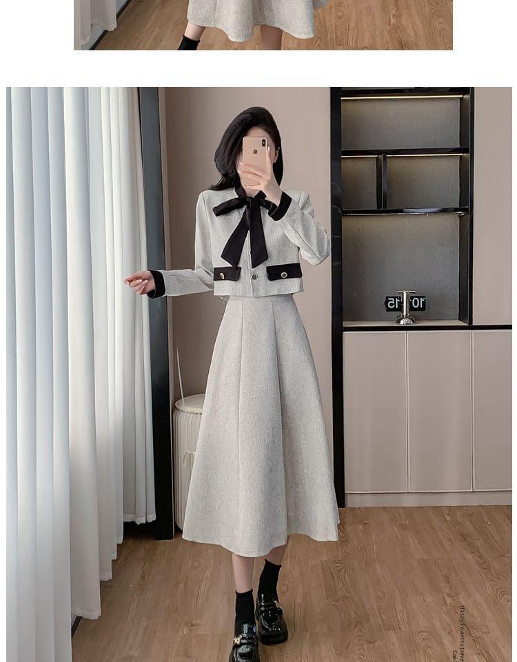 Set: Tie Neck Panel Button Jacket + High Rise Midi A-Line Skirt Product Image