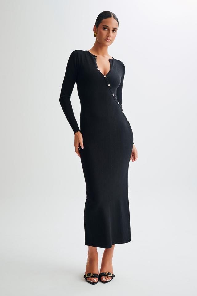 Maria Long Sleeve Buttoned Knit Maxi Dress - Black Product Image