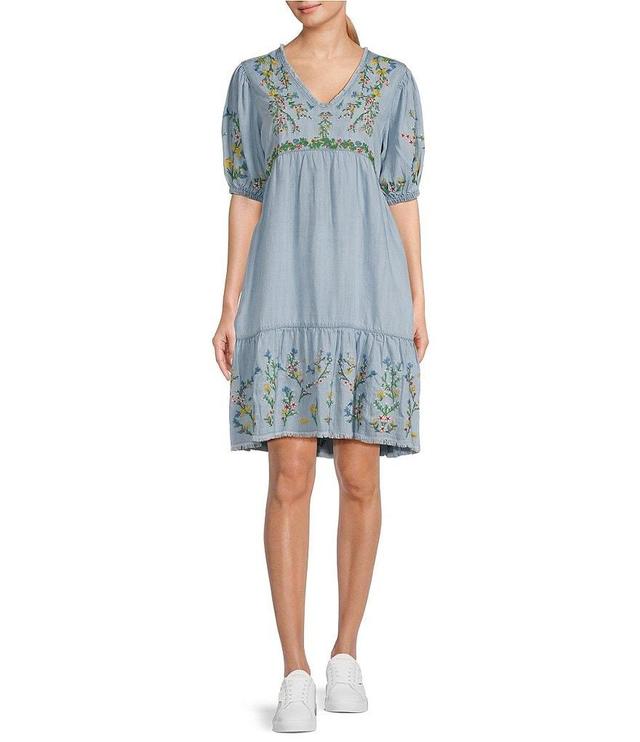 Reba V-Neck Floral Embroidered Puff Sleeve Chambray Dress Product Image