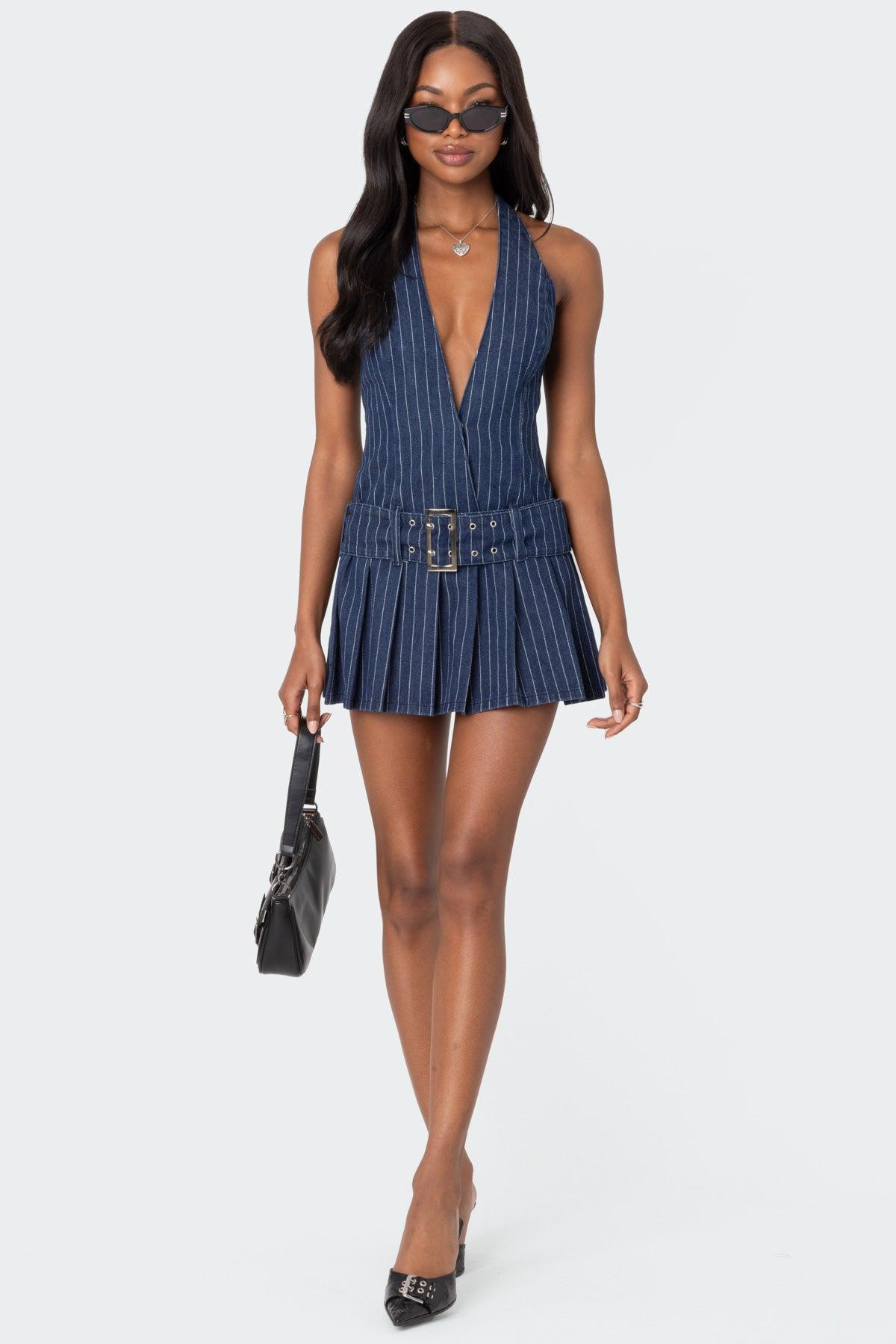 Belted Pinstripe Denim Mini Dress Product Image