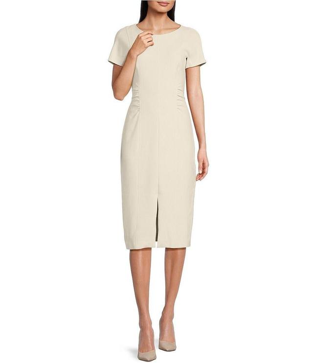 BOSS by Hugo Boss Dakela Virgin Wool Ruched Round Neck Short Sleeve Midi Sheath Dress Product Image