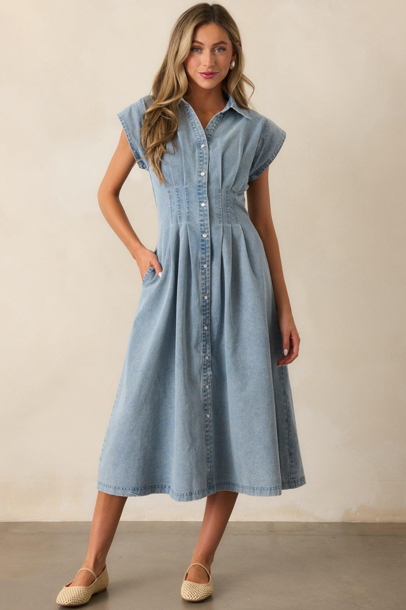 Classic Tea Party Light Wash Denim Button Front Pleated Midi Dress Product Image